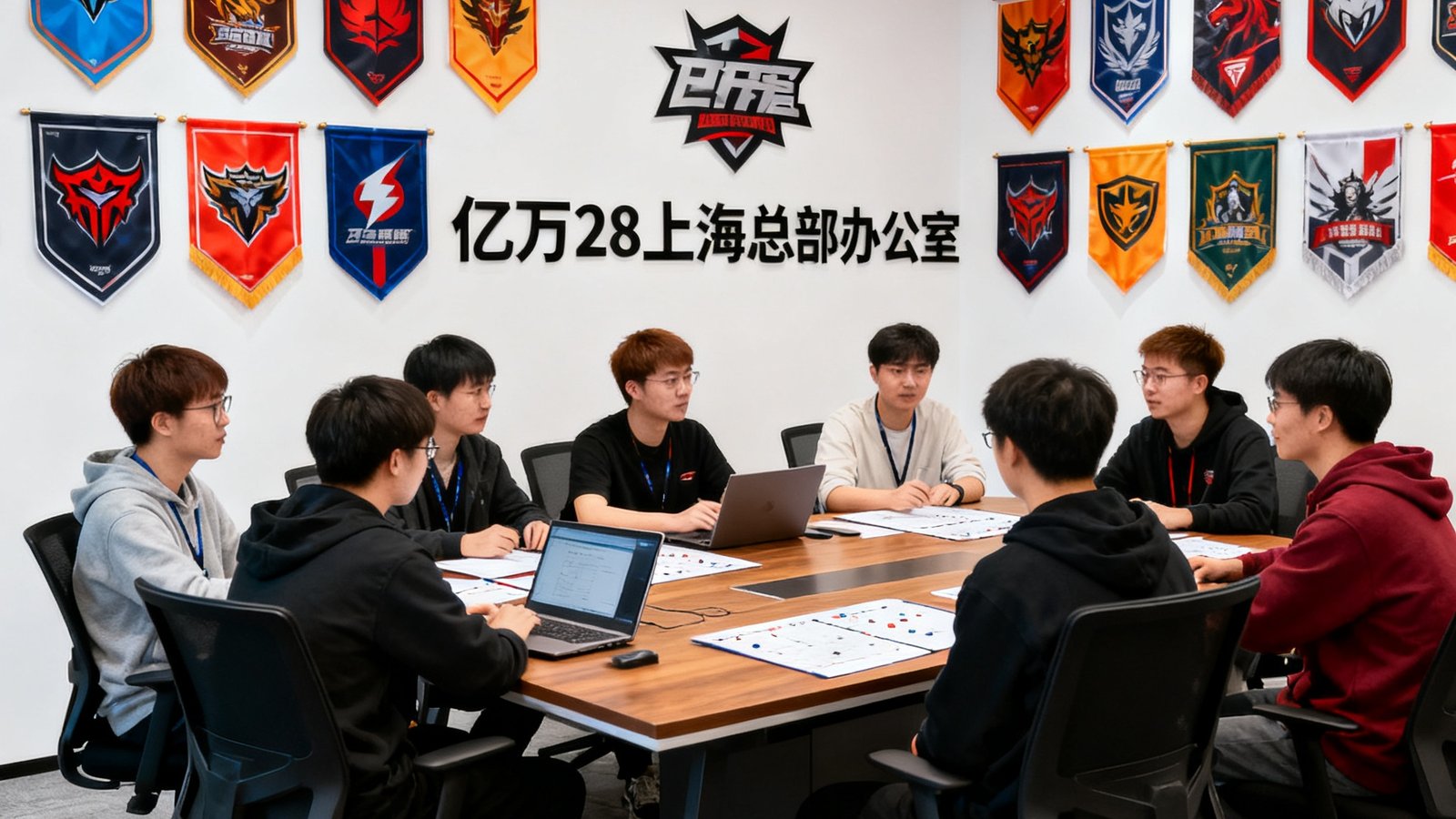 亿万28上海总部办公室，团队正在讨论电竞新版本战术，墙上挂满战队旗帜